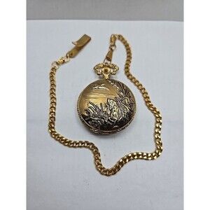 Dickies MZ Berger Gold Tone Hunting Dog Pocket Watch Quartz Japan New Battery